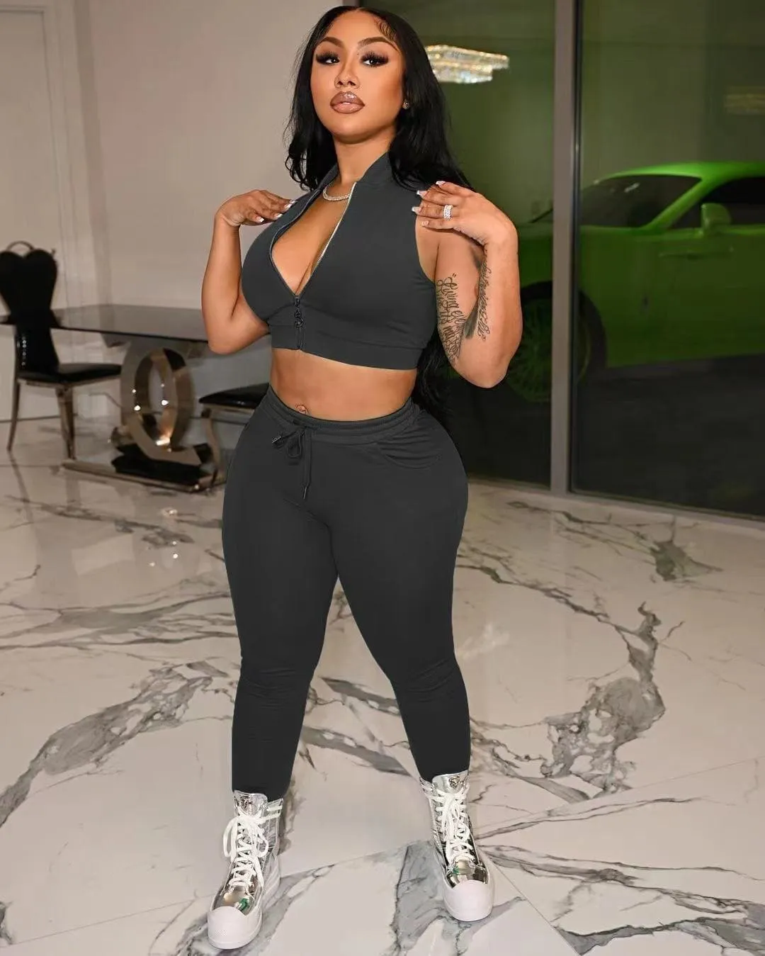 New Arrival Solid Color Casual Tracksuit Zippers sleeveless vest long Pant Two Piece Set Suit spring sweatsuits for women