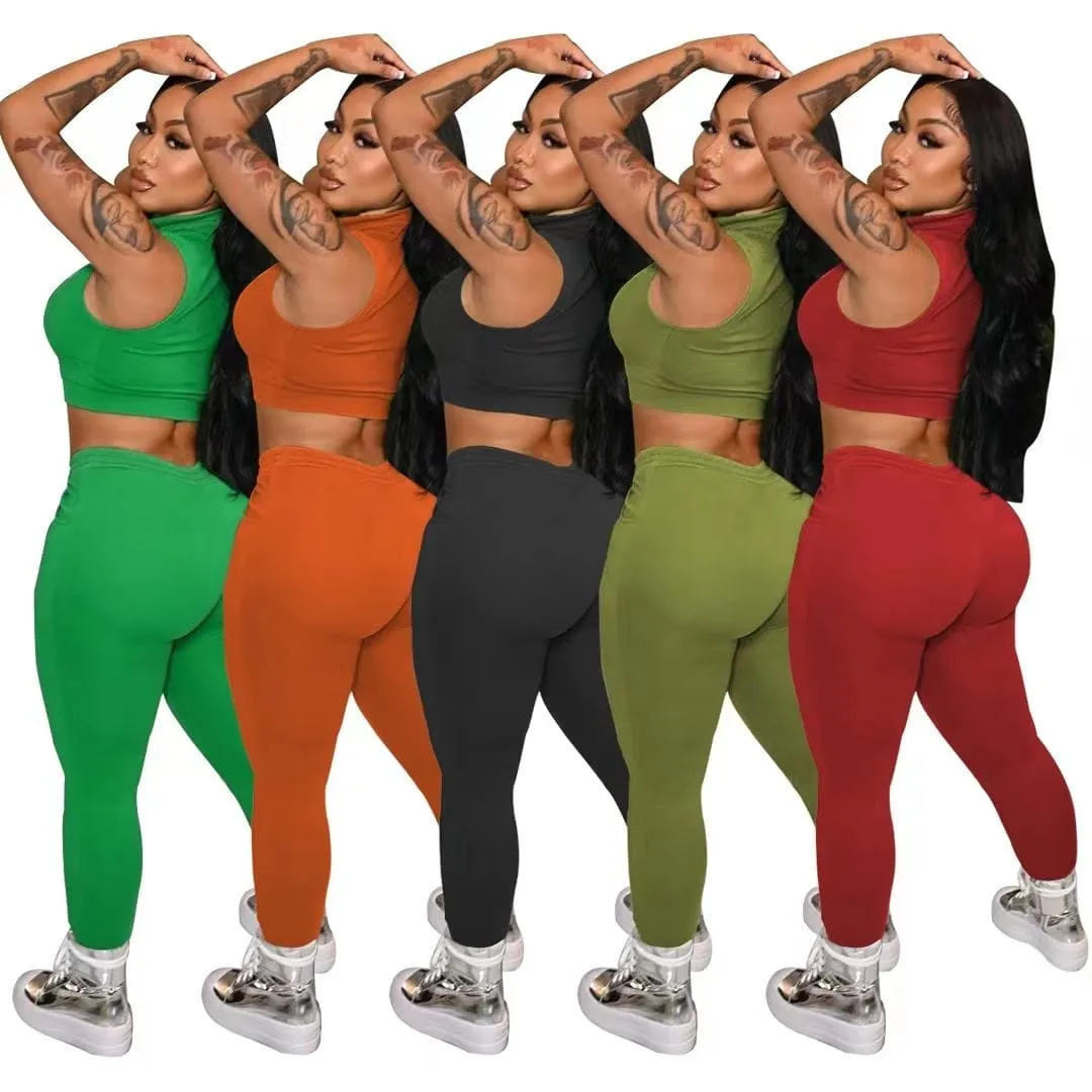 New Arrival Solid Color Casual Tracksuit Zippers sleeveless vest long Pant Two Piece Set Suit spring sweatsuits for women