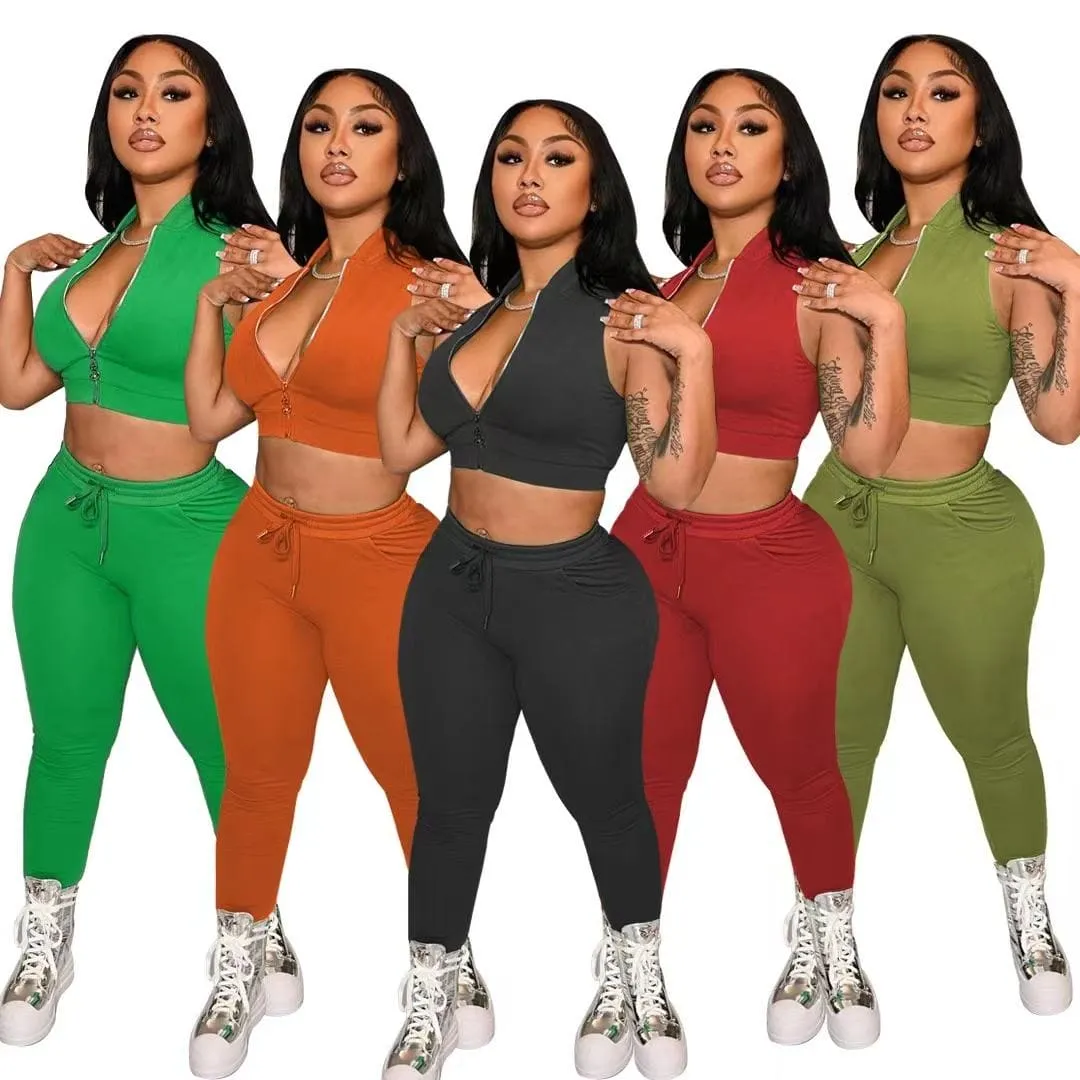 New Arrival Solid Color Casual Tracksuit Zippers sleeveless vest long Pant Two Piece Set Suit spring sweatsuits for women