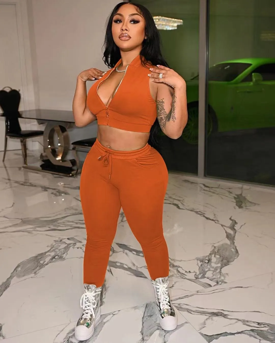 New Arrival Solid Color Casual Tracksuit Zippers sleeveless vest long Pant Two Piece Set Suit spring sweatsuits for women