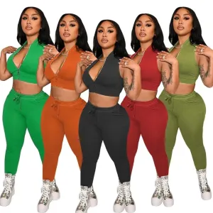 New Arrival Solid Color Casual Tracksuit Zippers sleeveless vest long Pant Two Piece Set Suit spring sweatsuits for women