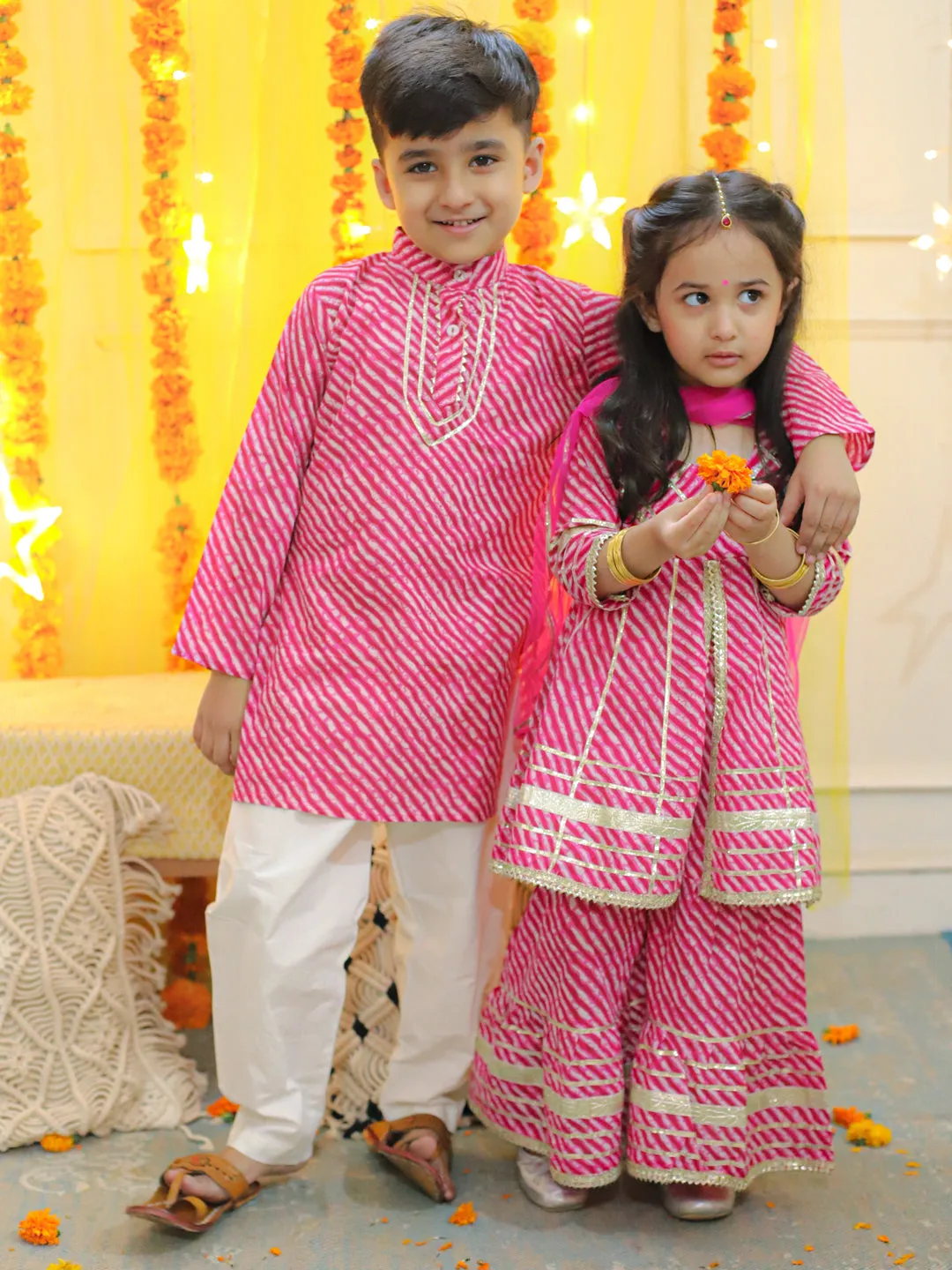 Pure Cotton Printed Leheriya Kurta Pajama for Boys- Pink
