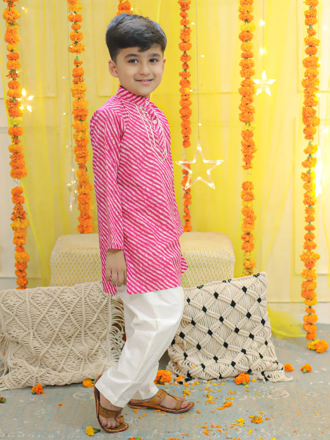 Pure Cotton Printed Leheriya Kurta Pajama for Boys- Pink