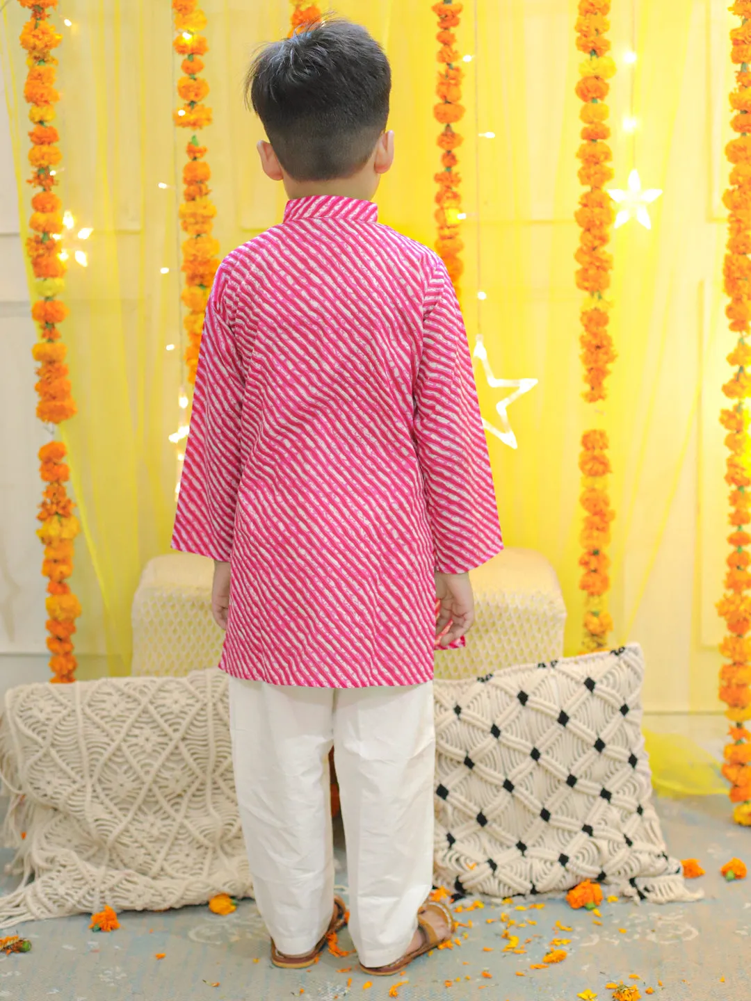 Pure Cotton Printed Leheriya Kurta Pajama for Boys- Pink