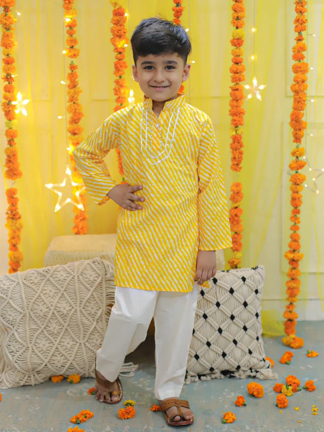 Pure Cotton Printed Leheriya Kurta Pajama for Boys- Yellow