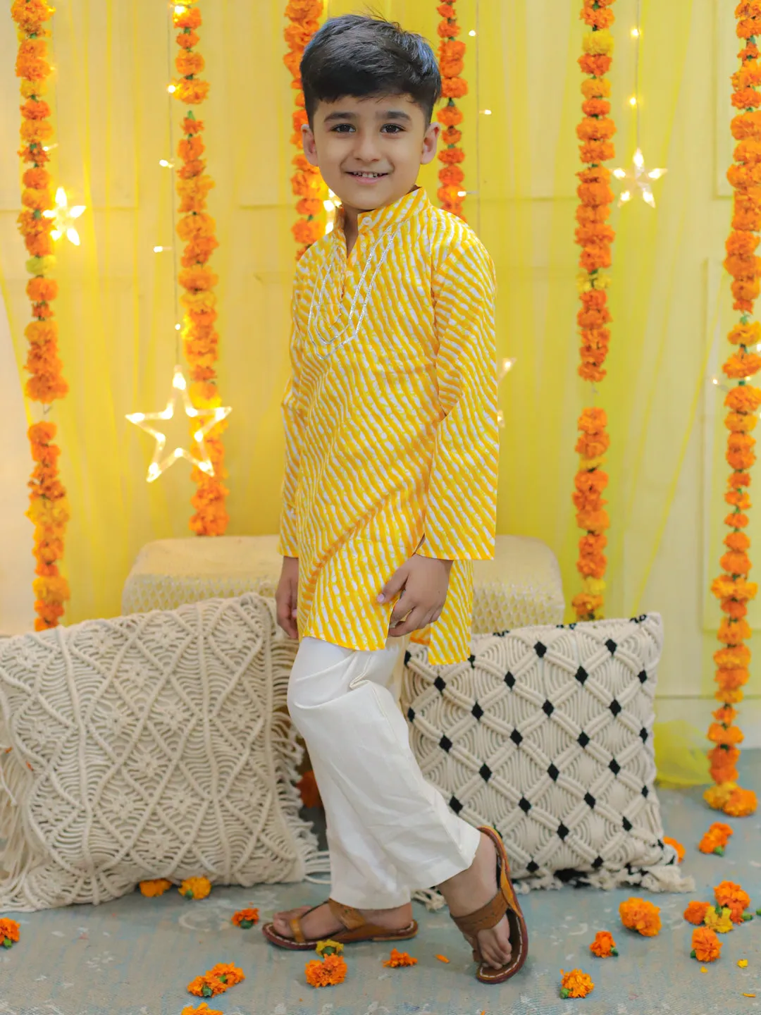 Pure Cotton Printed Leheriya Kurta Pajama for Boys- Yellow