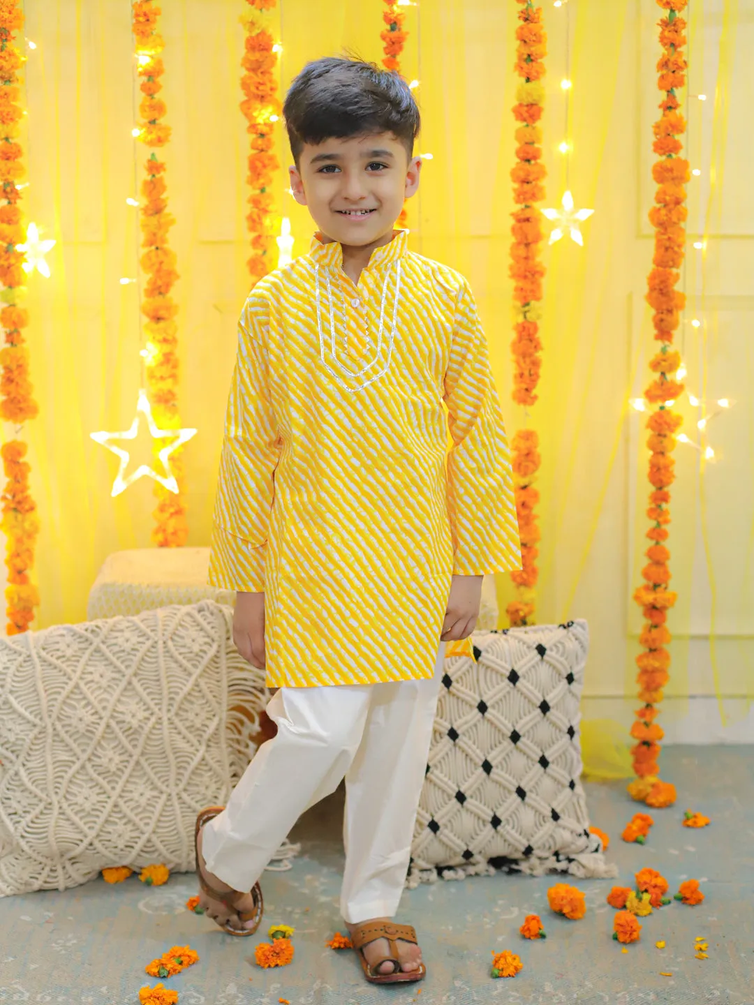Pure Cotton Printed Leheriya Kurta Pajama for Boys- Yellow
