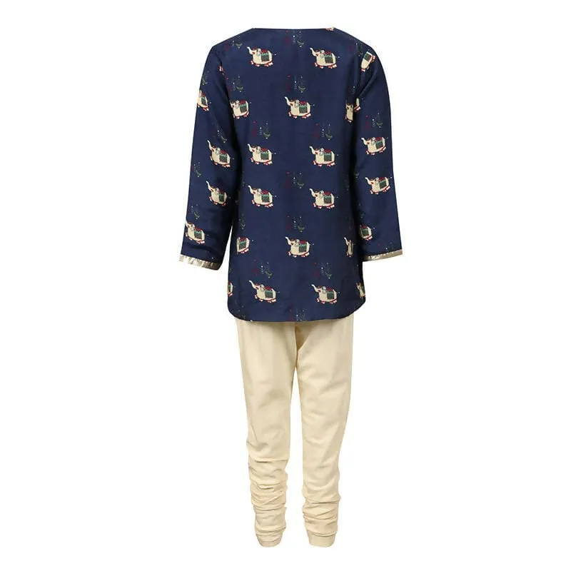 Rang Royal Elephant Cotton Kurta And Dhoti Set - Blue
