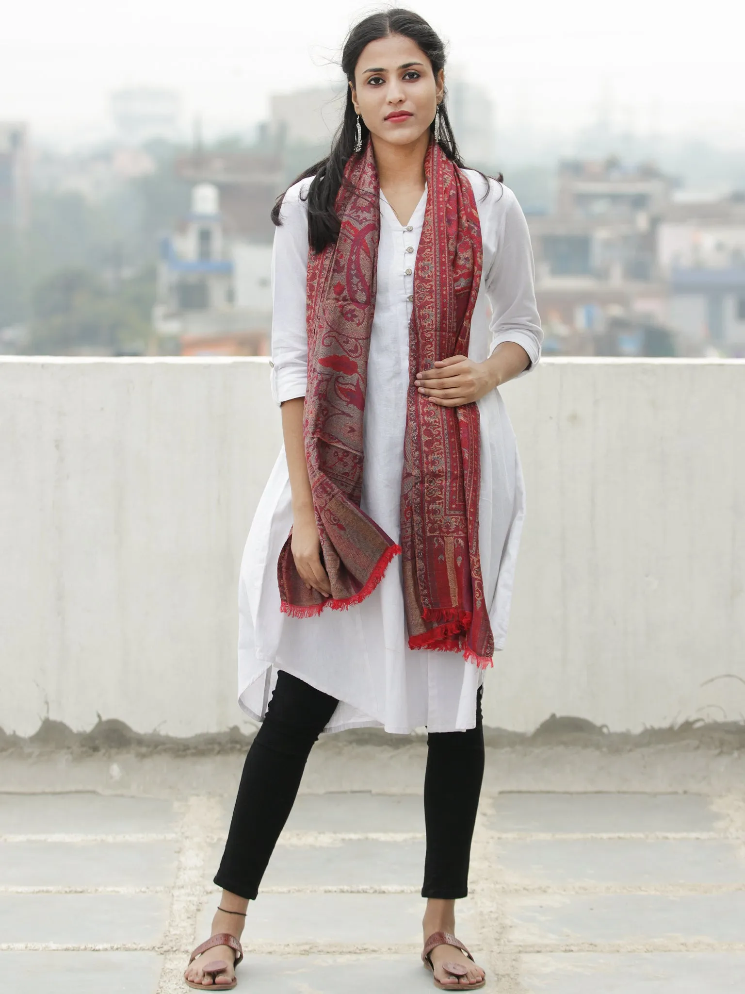 Red Mustard Green Kaani Weaved Modal Silk Wool Kashmiri Stole - S200620