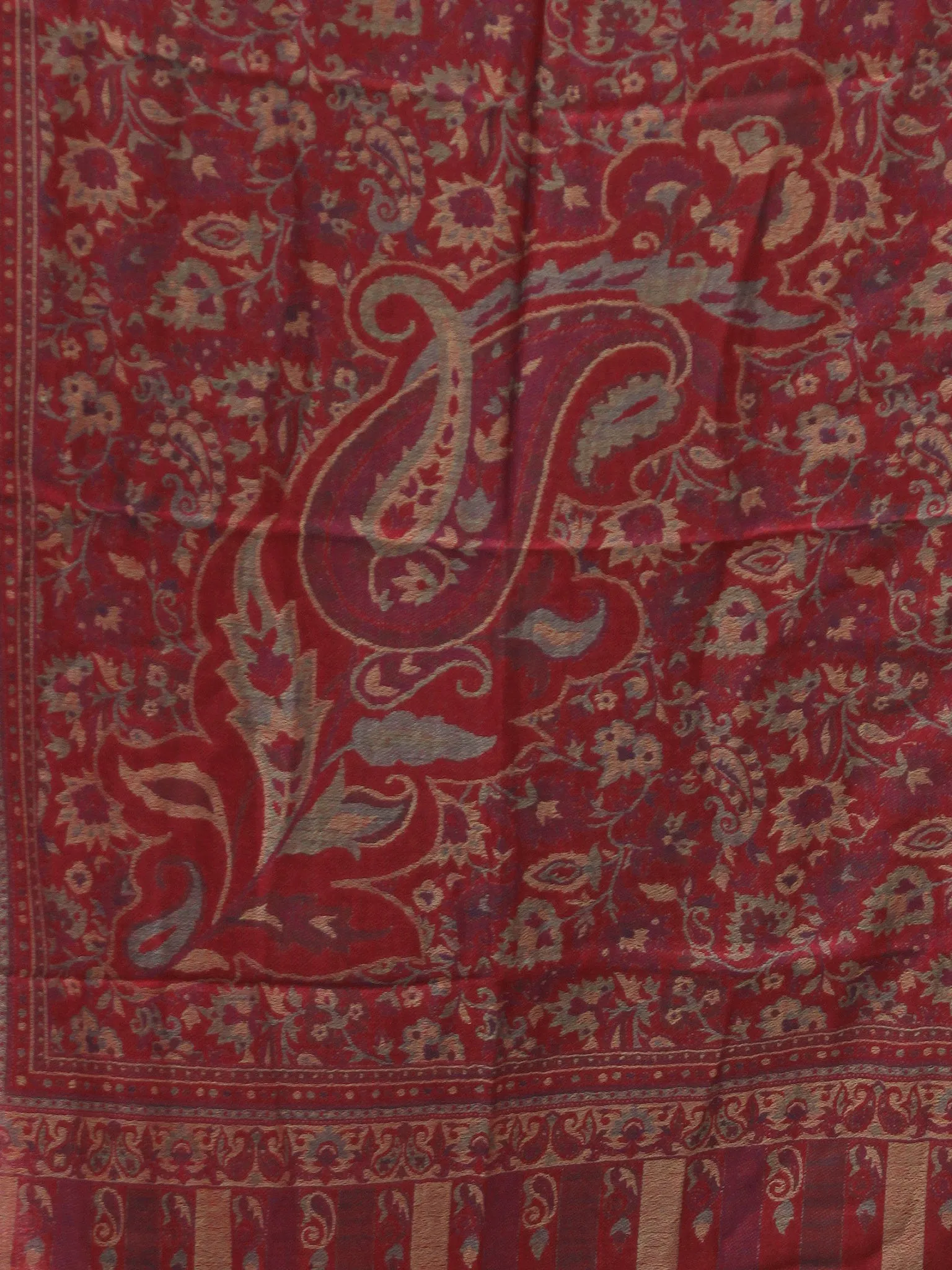 Red Mustard Green Kaani Weaved Modal Silk Wool Kashmiri Stole - S200620
