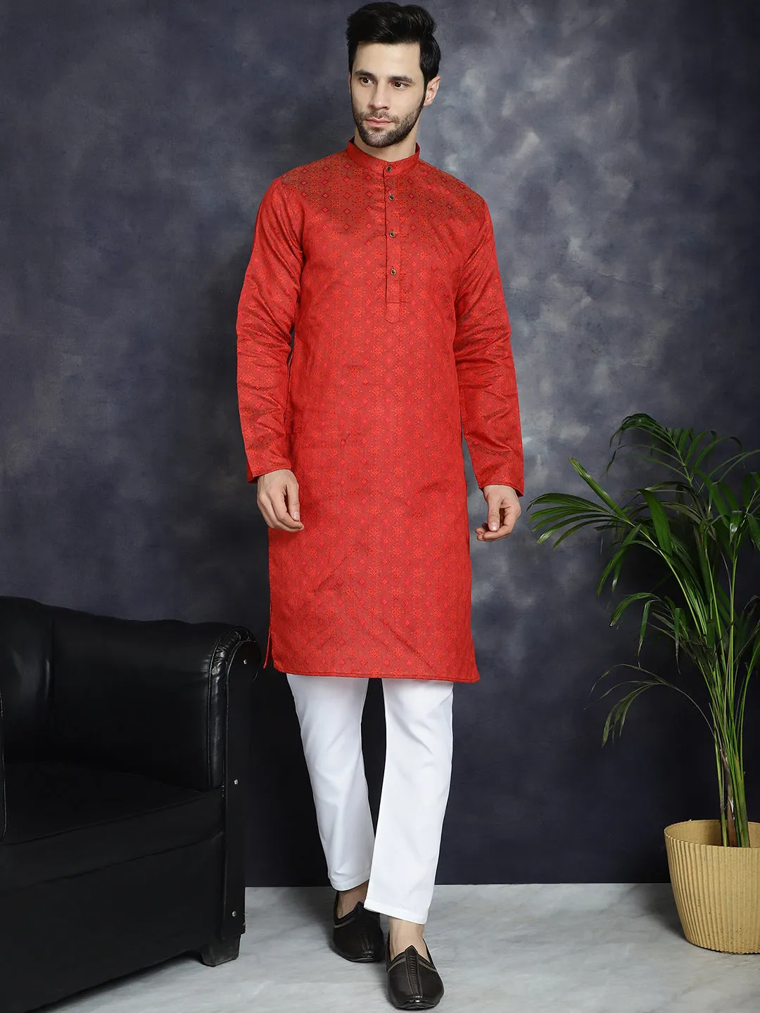 Red Woven Design Kurta With Pyjama