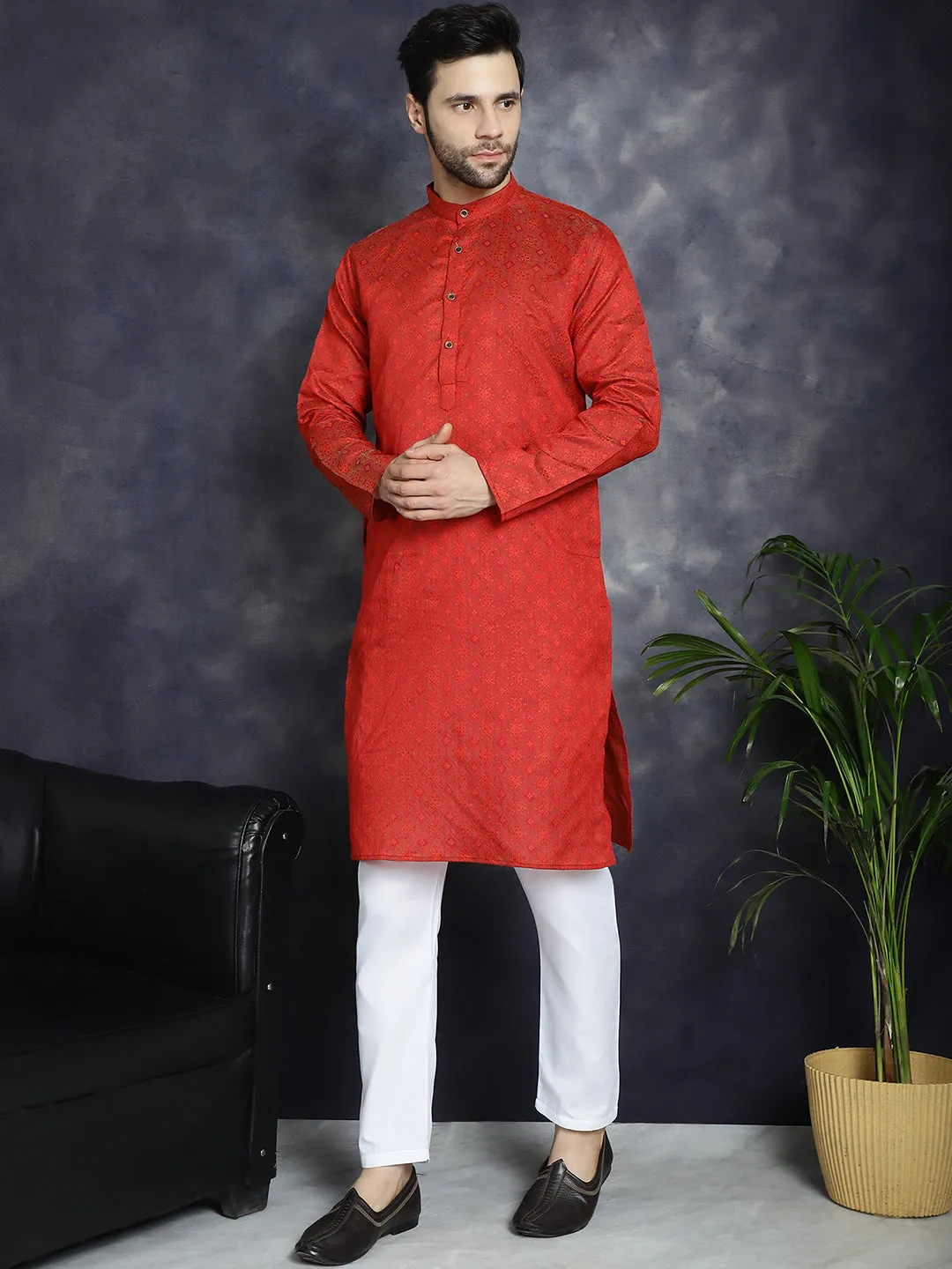 Red Woven Design Kurta With Pyjama