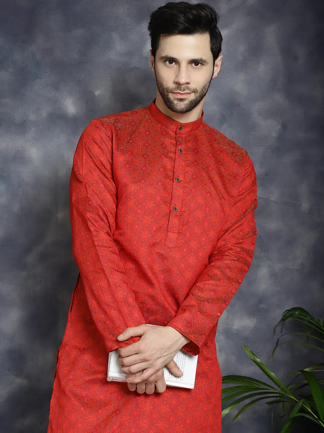 Red Woven Design Kurta With Pyjama
