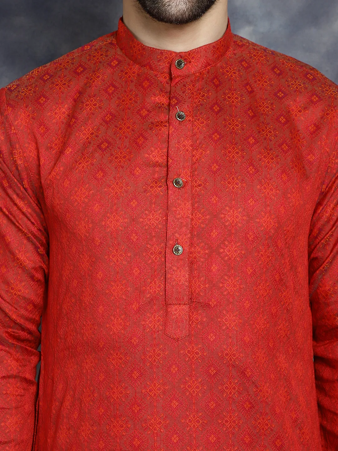 Red Woven Design Kurta With Pyjama