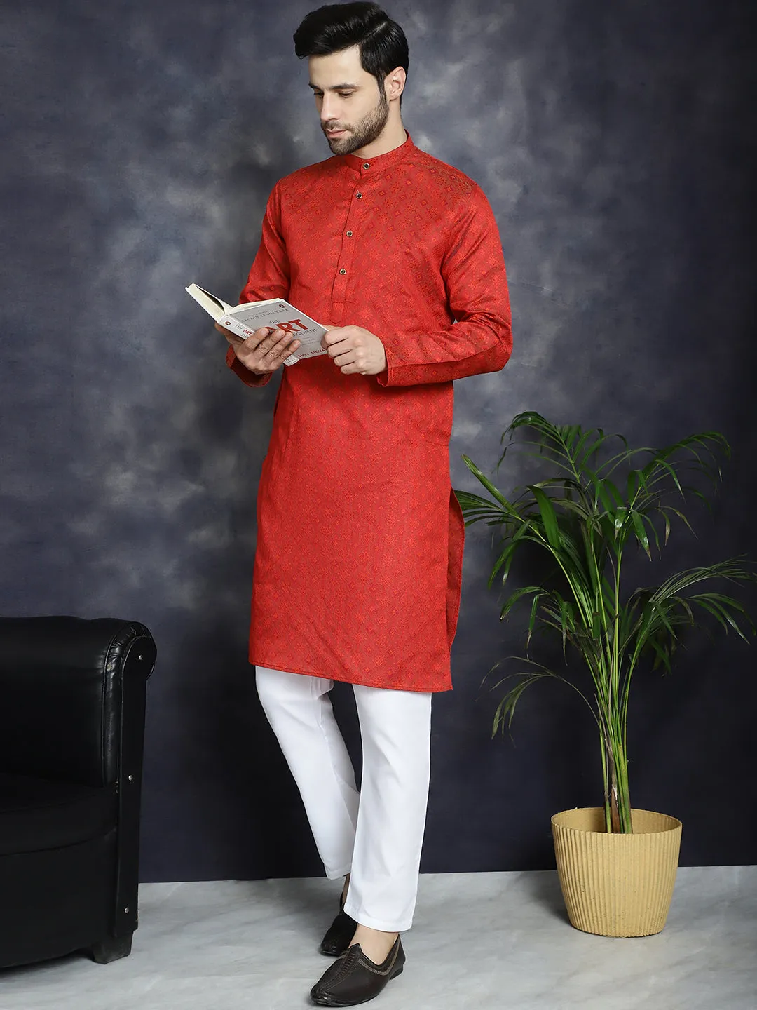 Red Woven Design Kurta With Pyjama