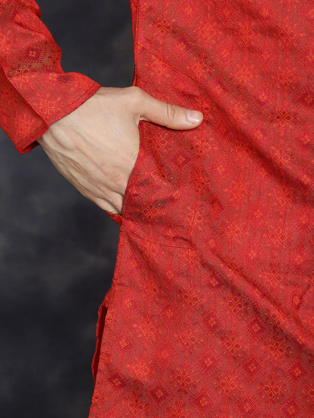 Red Woven Design Kurta With Pyjama