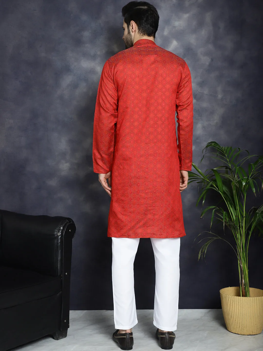 Red Woven Design Kurta With Pyjama