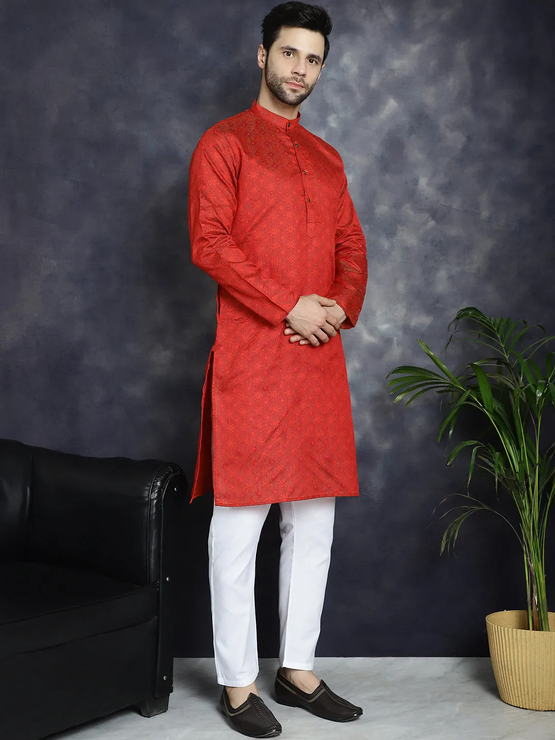 Red Woven Design Kurta With Pyjama