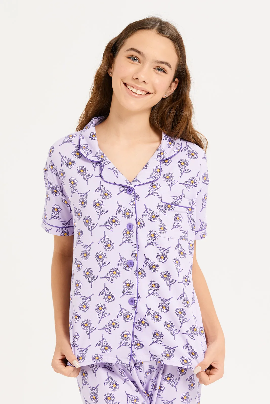 Senior Girls Lilac Floral Print Pajama Set (2 Piece)