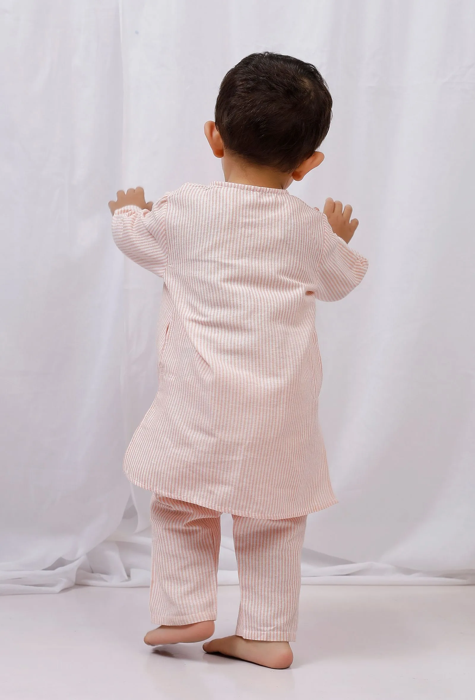 Set Of 2-Orange Striped Cotton Kurta And Pajama