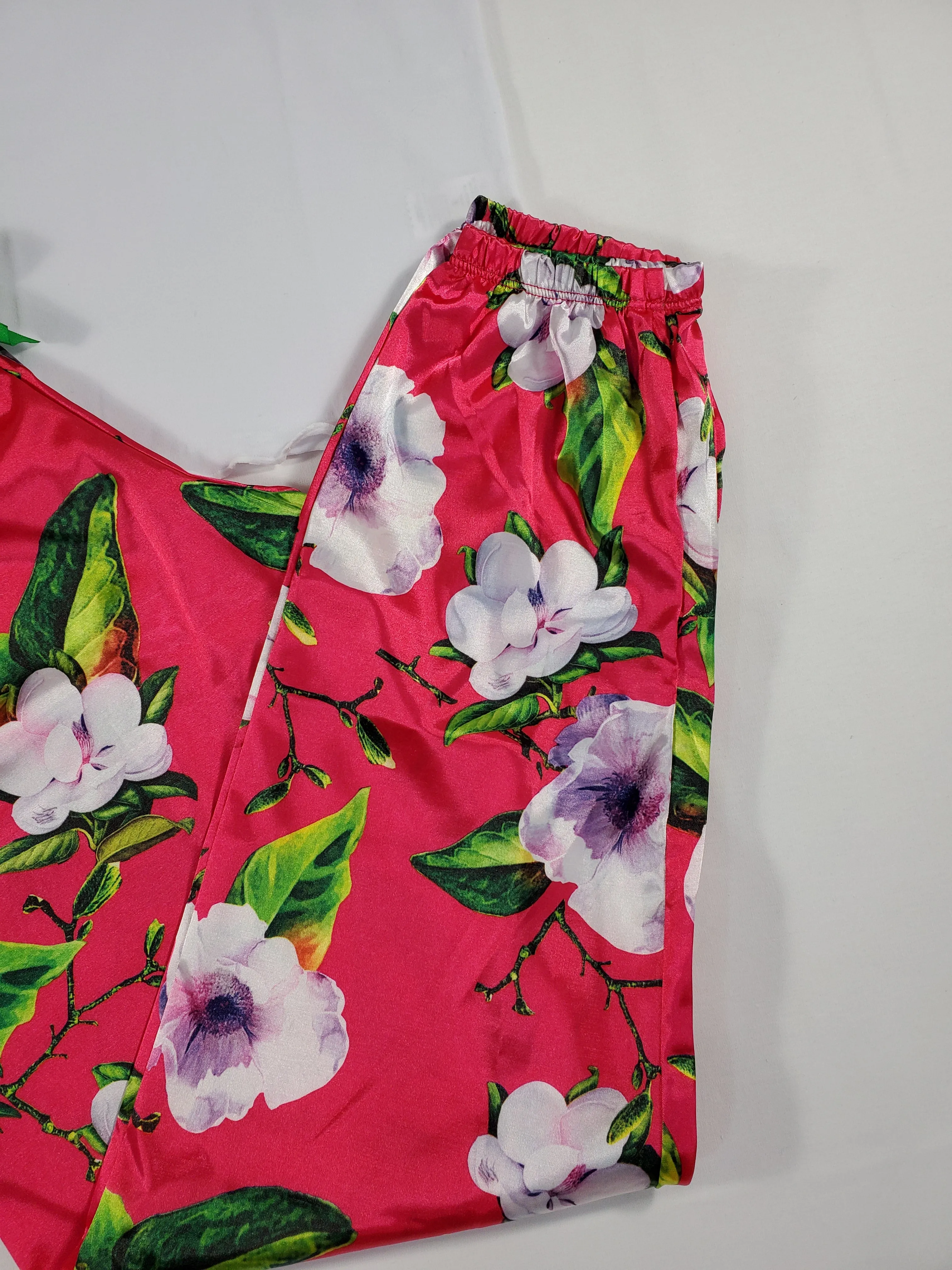 Sexy red satin Women's pajama pants with flowery theme and white blouse