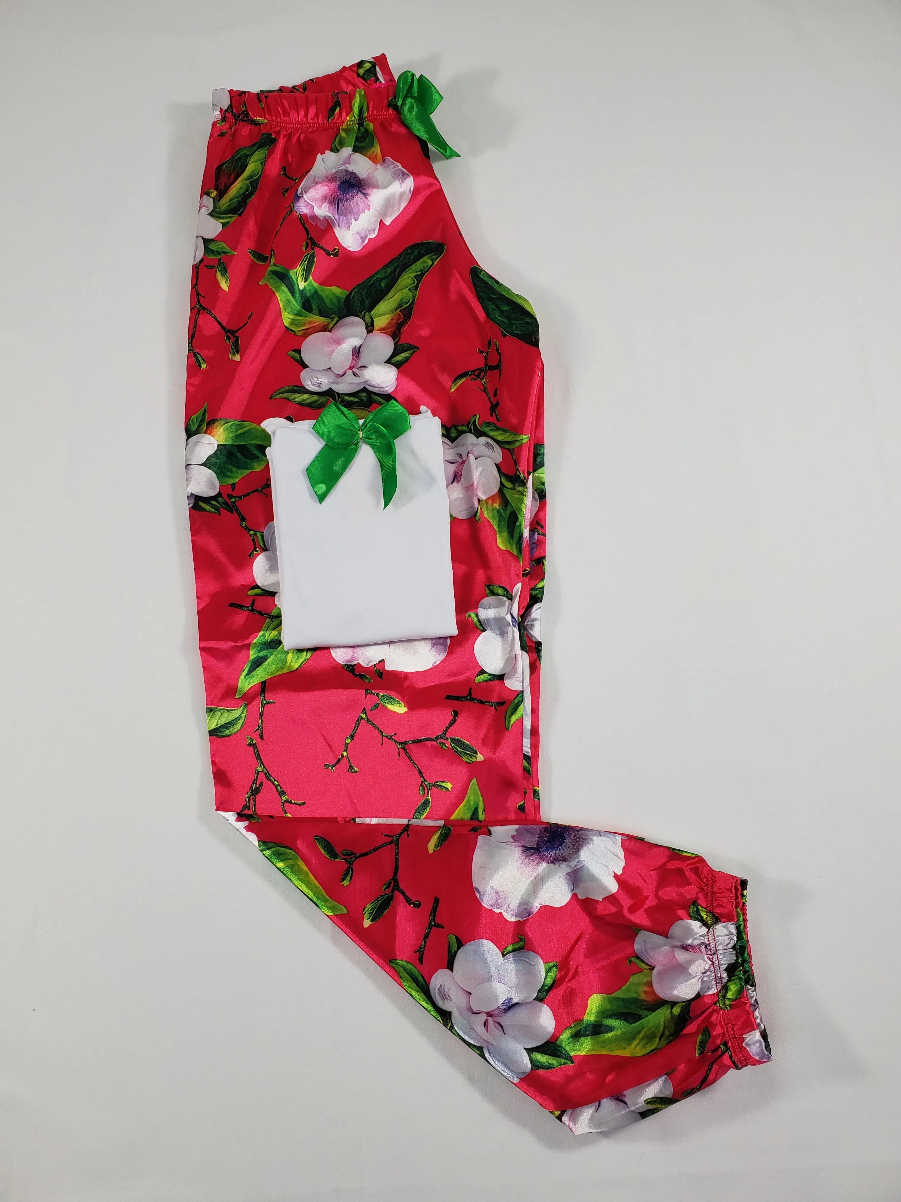 Sexy red satin Women's pajama pants with flowery theme and white blouse