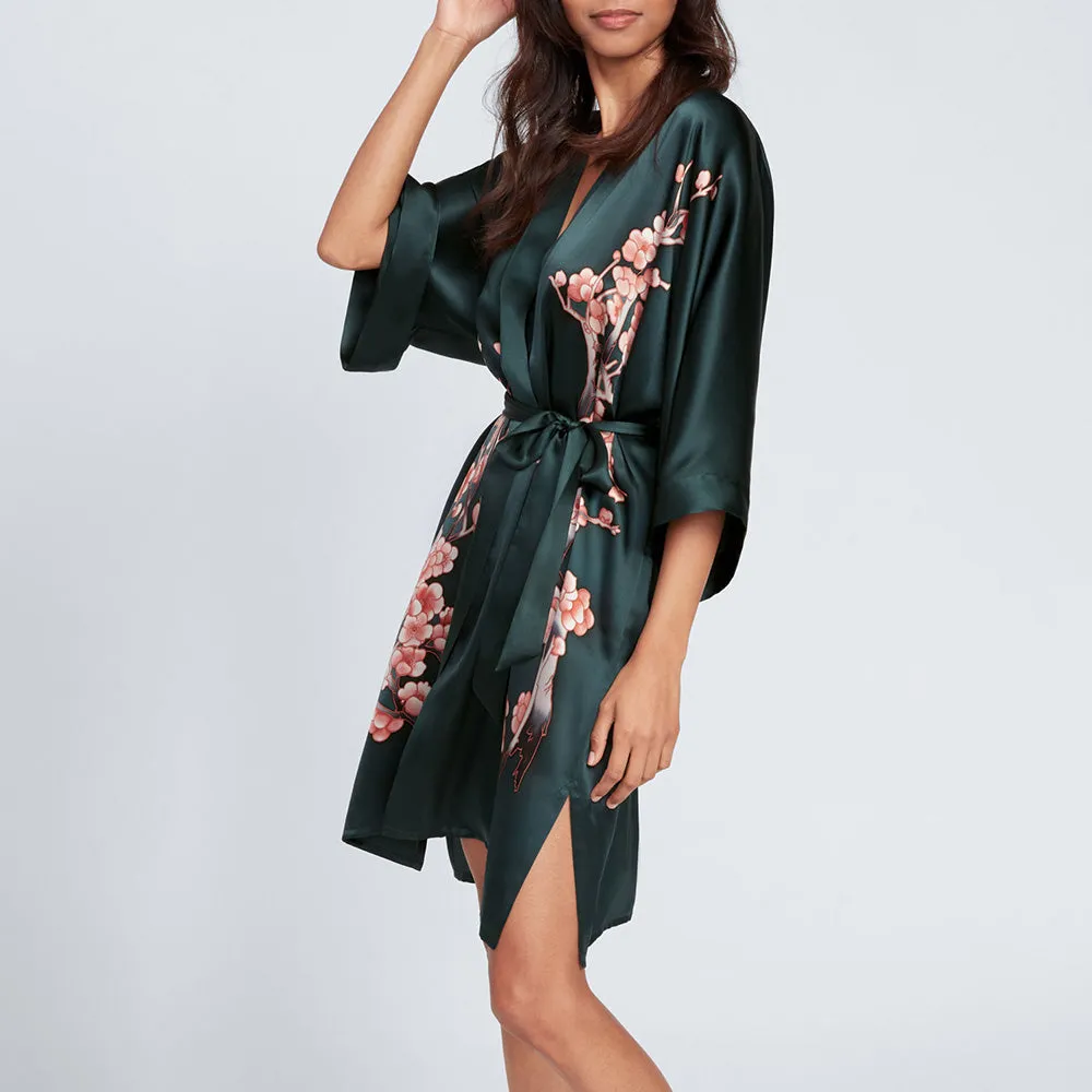 Silk Handpainted Cherry Blossom Short Kimono Robe