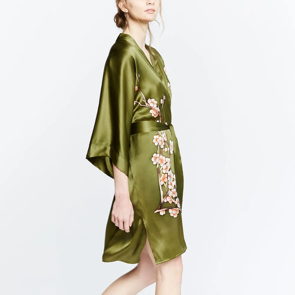 Silk Handpainted Cherry Blossom Short Kimono Robe