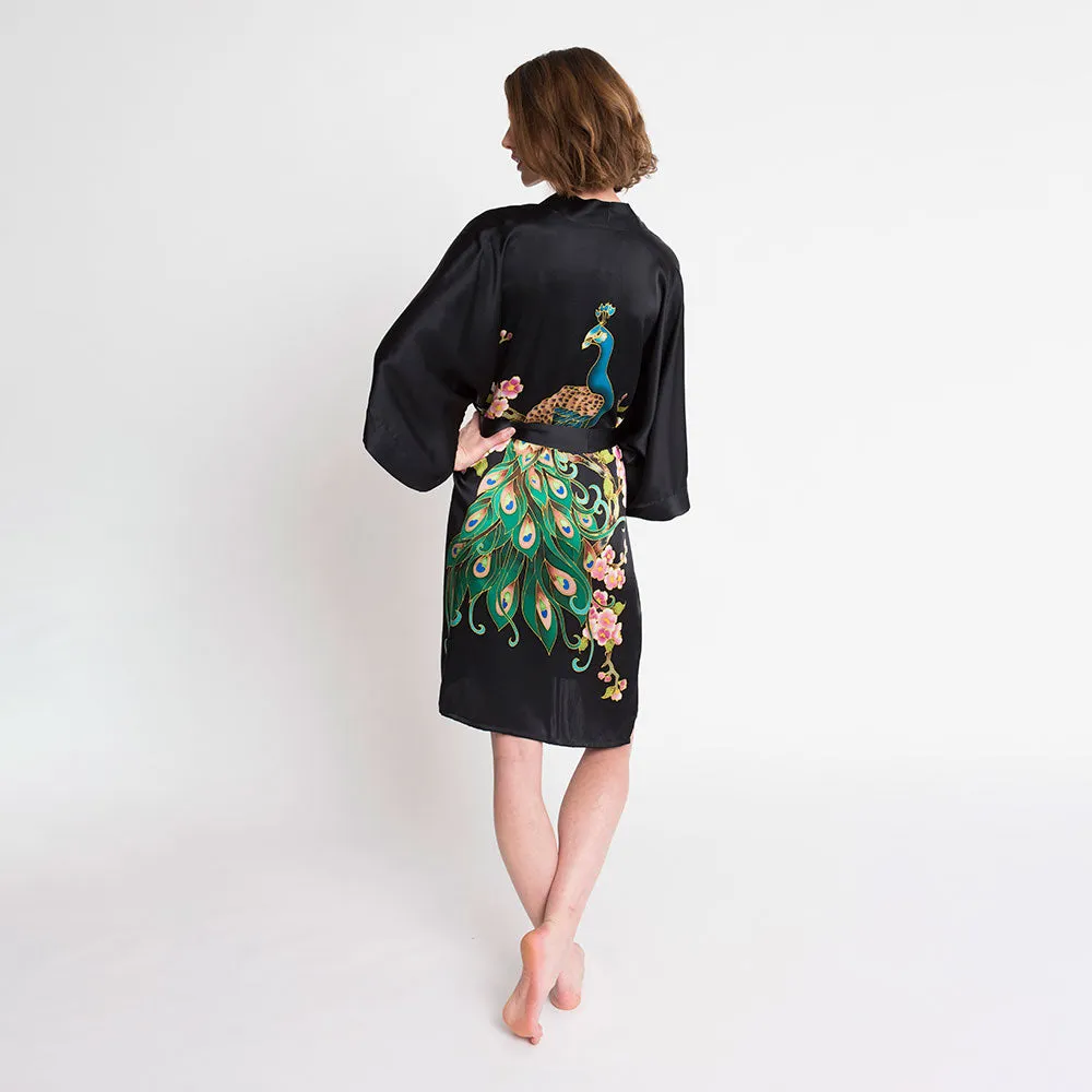 Silk Handpainted Peacock Short Kimono Robe