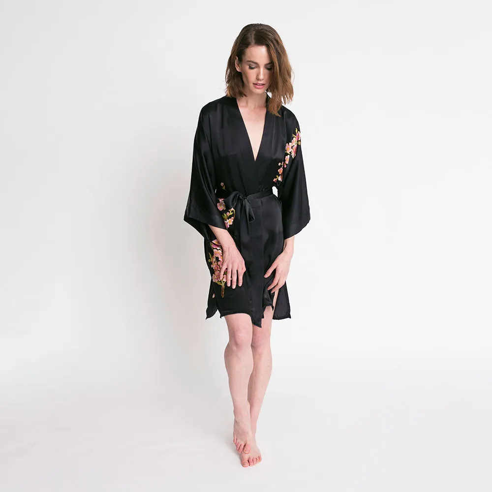 Silk Handpainted Peacock Short Kimono Robe