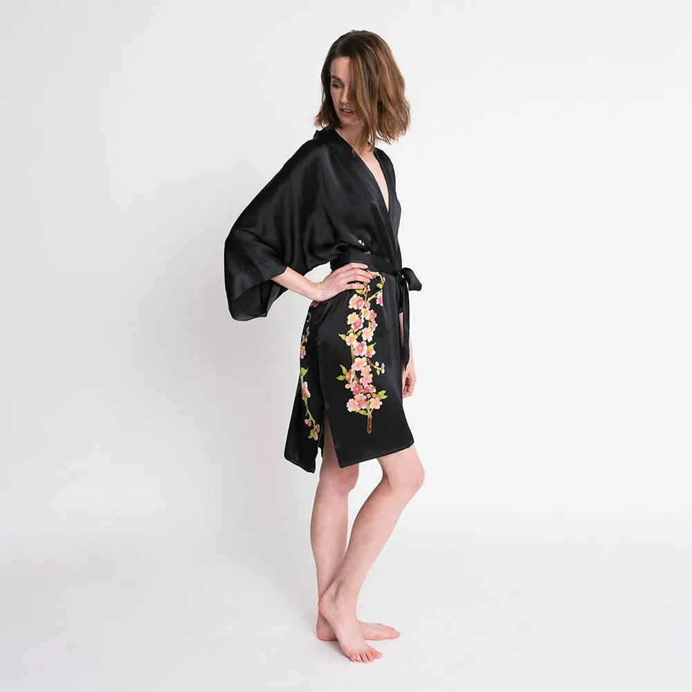 Silk Handpainted Peacock Short Kimono Robe