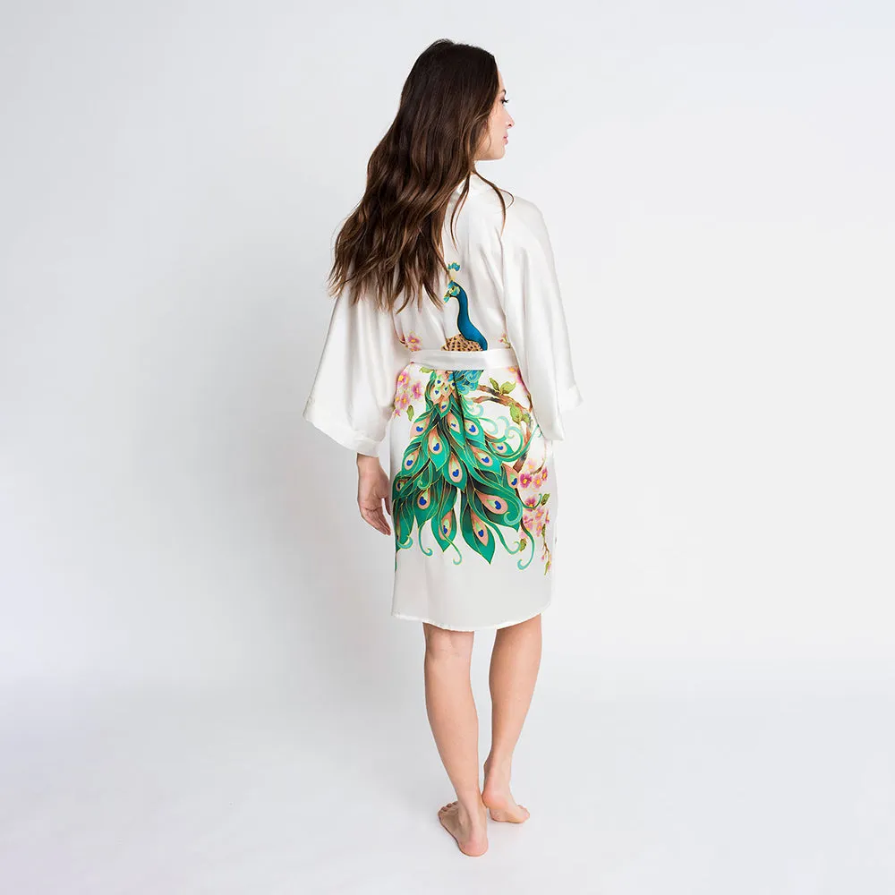 Silk Handpainted Peacock Short Kimono Robe