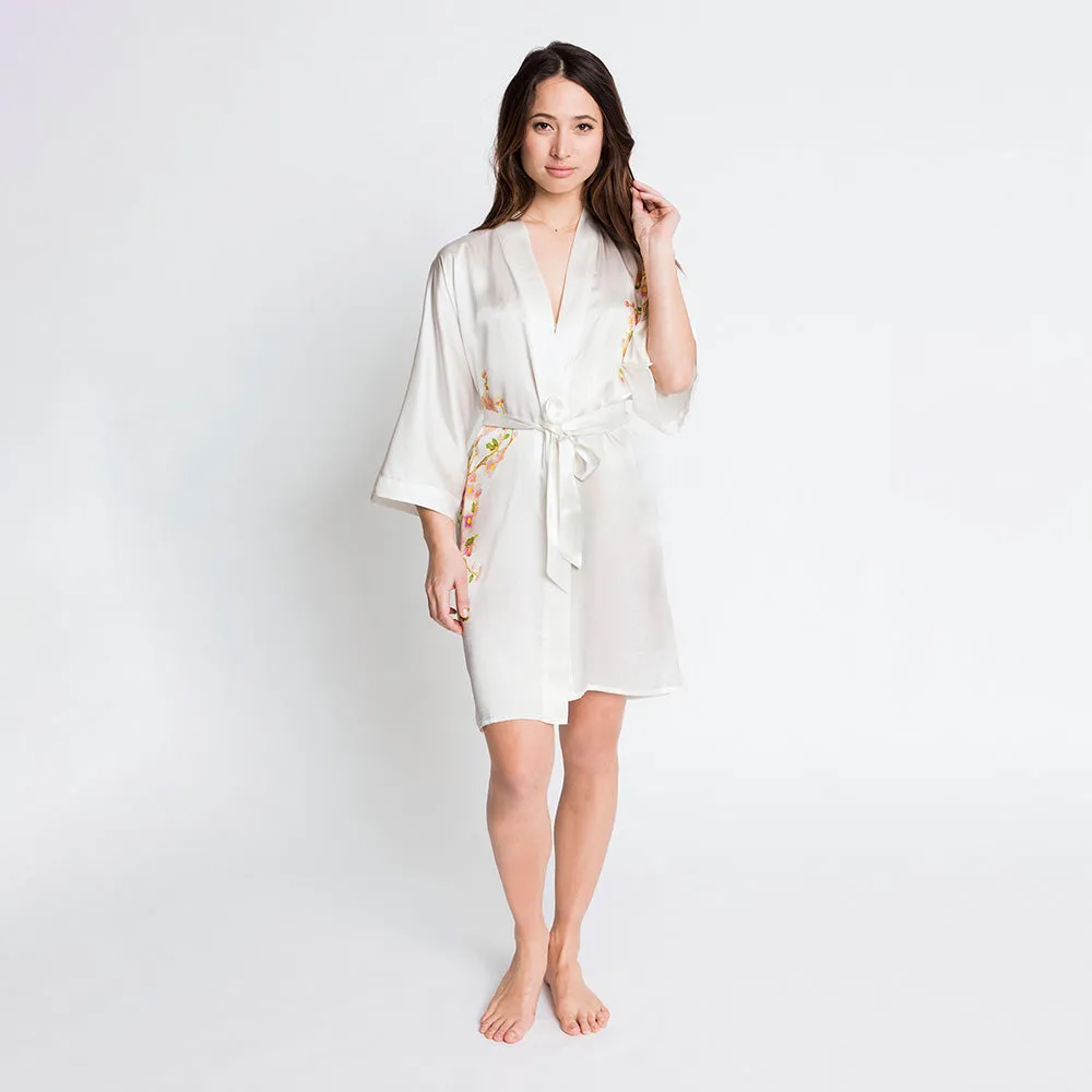 Silk Handpainted Peacock Short Kimono Robe