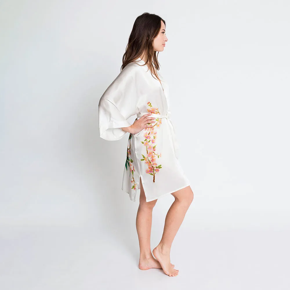 Silk Handpainted Peacock Short Kimono Robe
