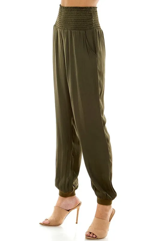 Smock Waist Satin Jogger