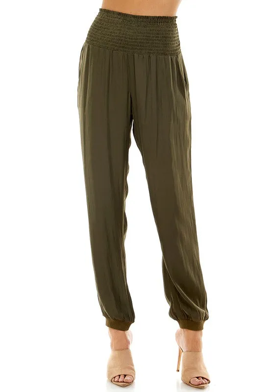 Smock Waist Satin Jogger