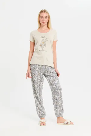 Women Beige And White Printed Pajama Set (2 Piece)