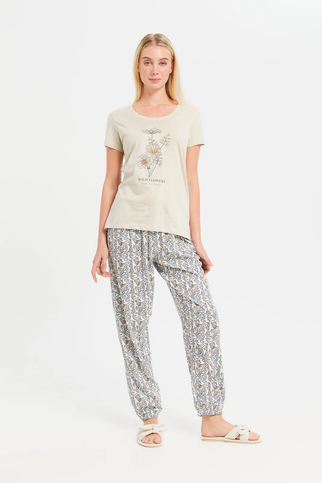Women Beige And White Printed Pajama Set (2 Piece)