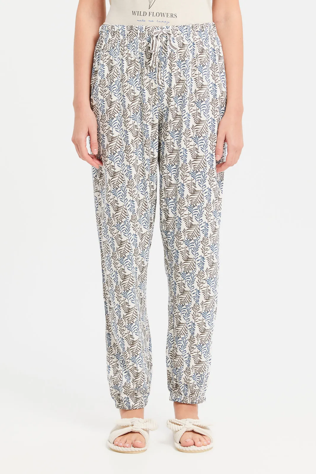 Women Beige And White Printed Pajama Set (2 Piece)