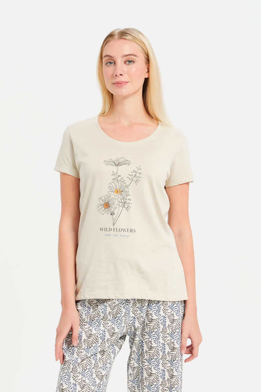 Women Beige And White Printed Pajama Set (2 Piece)