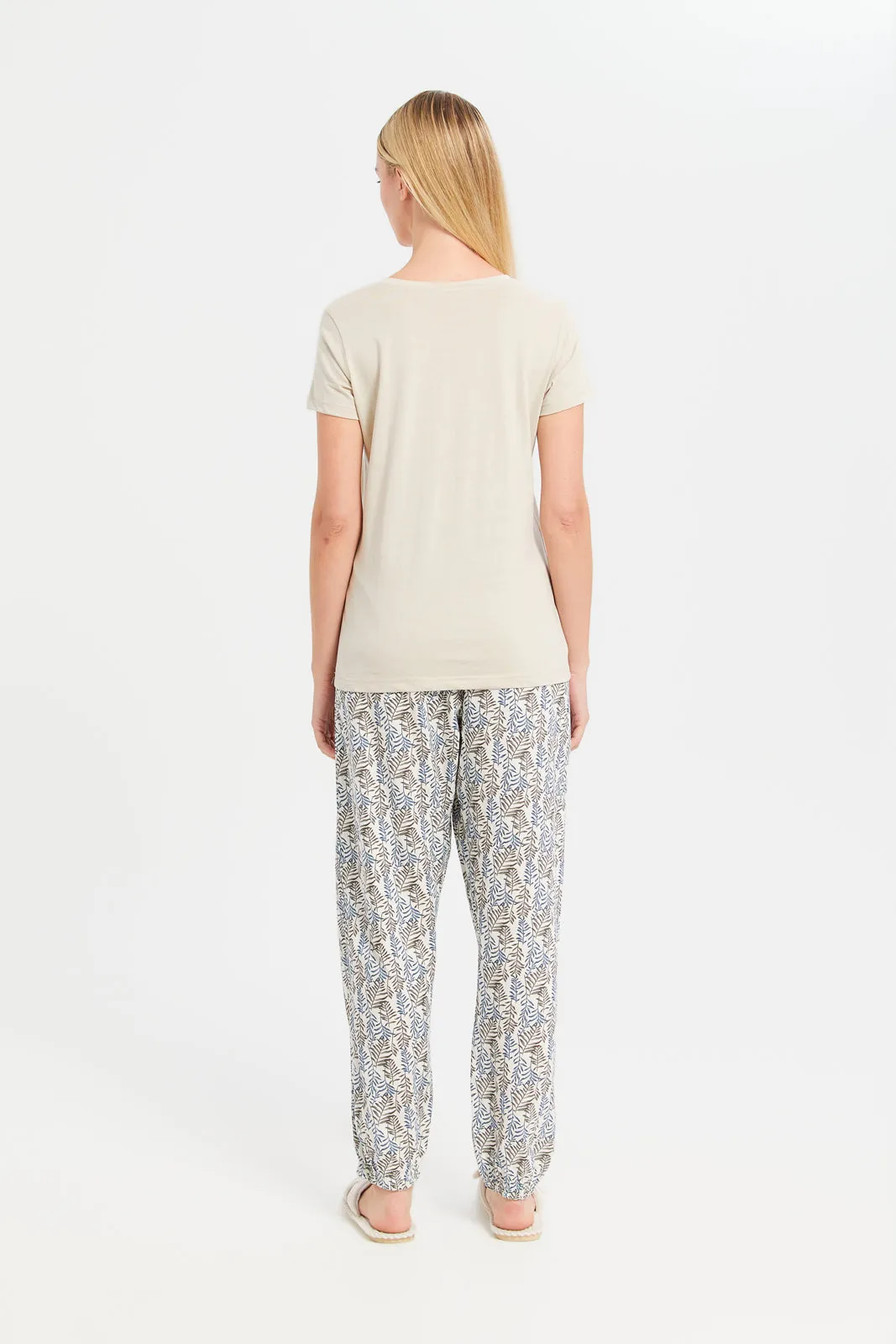 Women Beige And White Printed Pajama Set (2 Piece)
