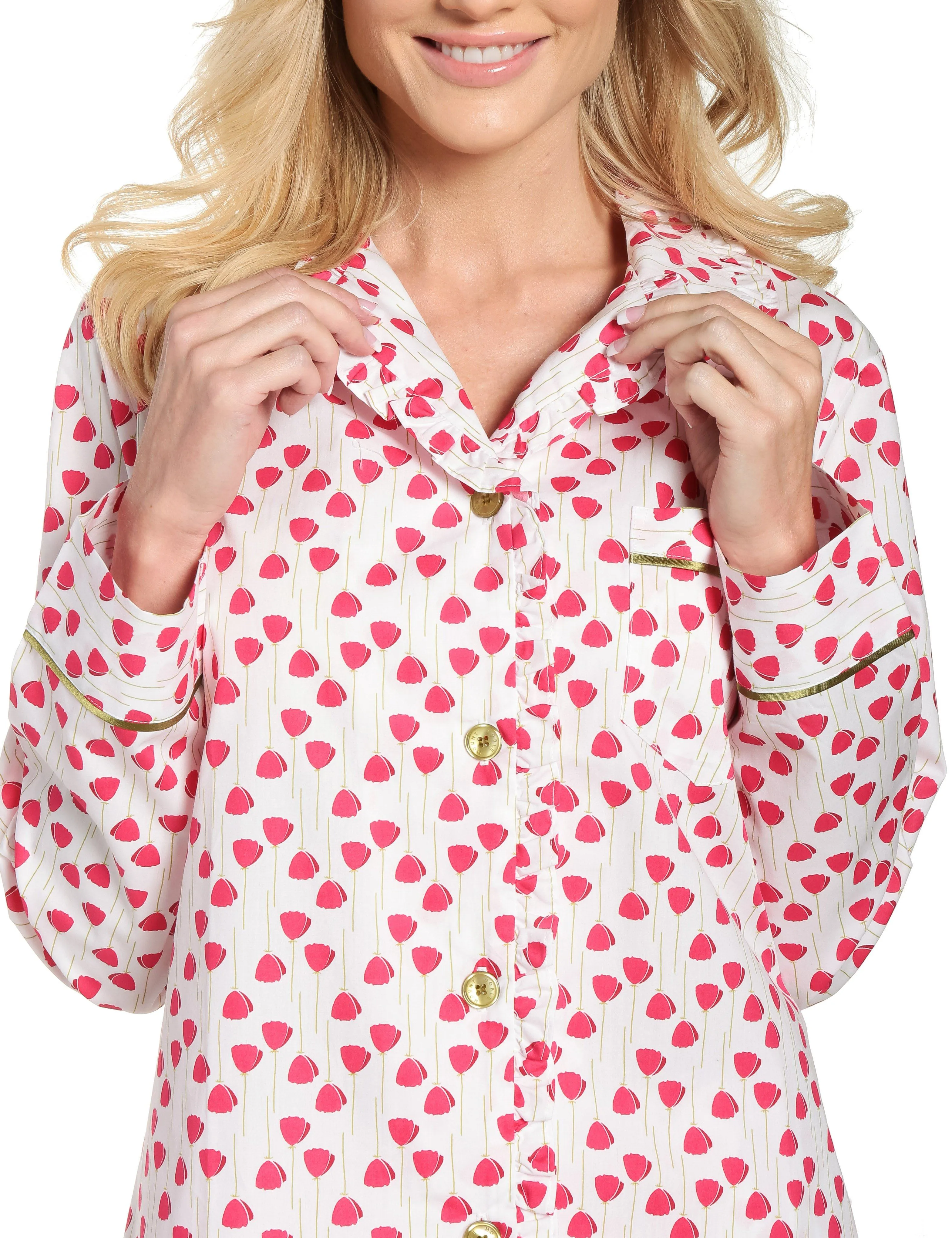 Womens Premium 100% Cotton Poplin Pajama Set with Ruffles