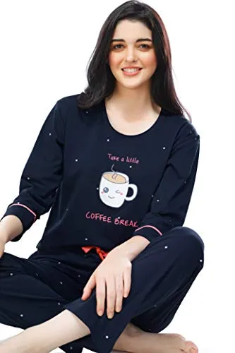 ZEYO Women's Cotton Dot Printed Navy Blue Night Suit Set of Top & Pyjama 5281